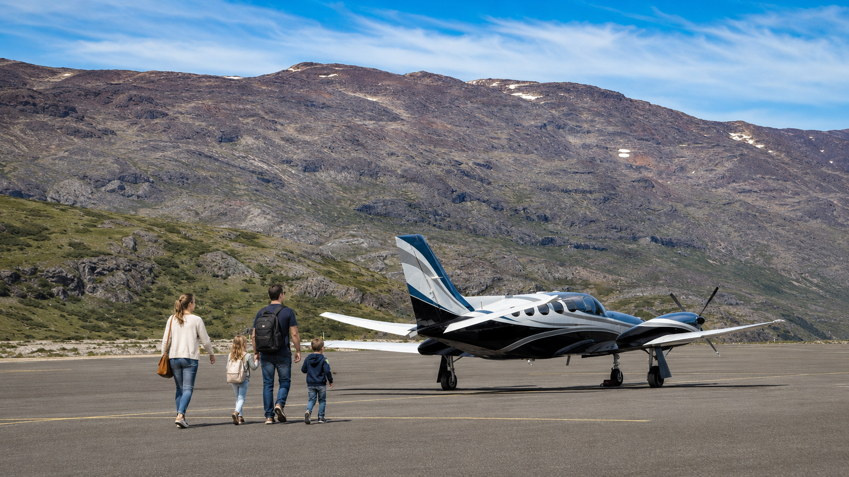 Family walking to a private aircraft on a mountain airfield